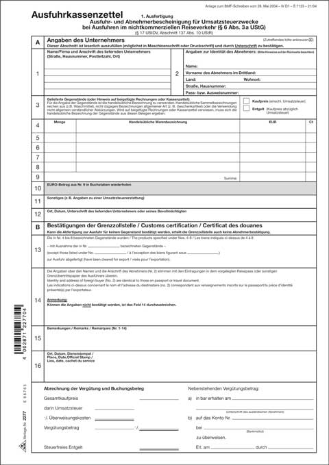 Ausfuhrkassenzettel Und Abnehmerbescheinigung für Umsatzsteuerzwecke Seite 1