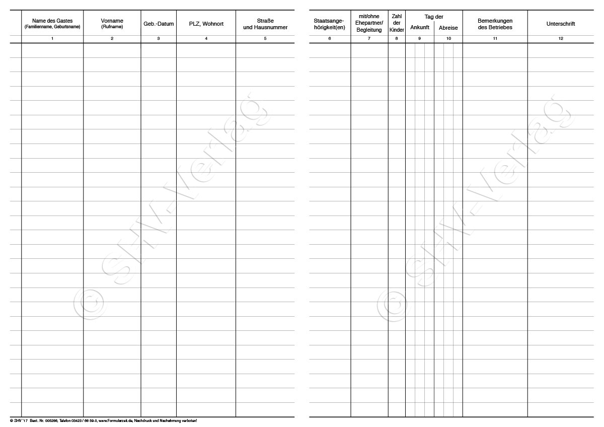 Meldeverzeichnis für Beherbergungsstätten, Fremdenverzeichnis inhalt