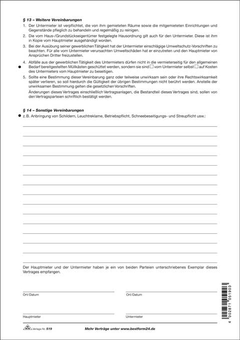 Untermietvertrag für Gewerberäume, 4 Seiten, gefalzt auf DIN A4 zur teilweisen oder vollständigen Untervermietung