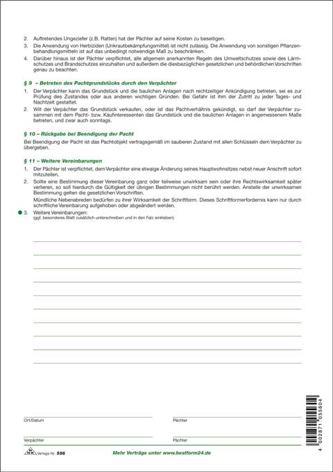 Vertrag über die Verpachtung eines Grundstücks, 4 Seiten, gefalzt auf DIN A4 für die Verpachtung eines Grundstücks zur privaten Nutzung