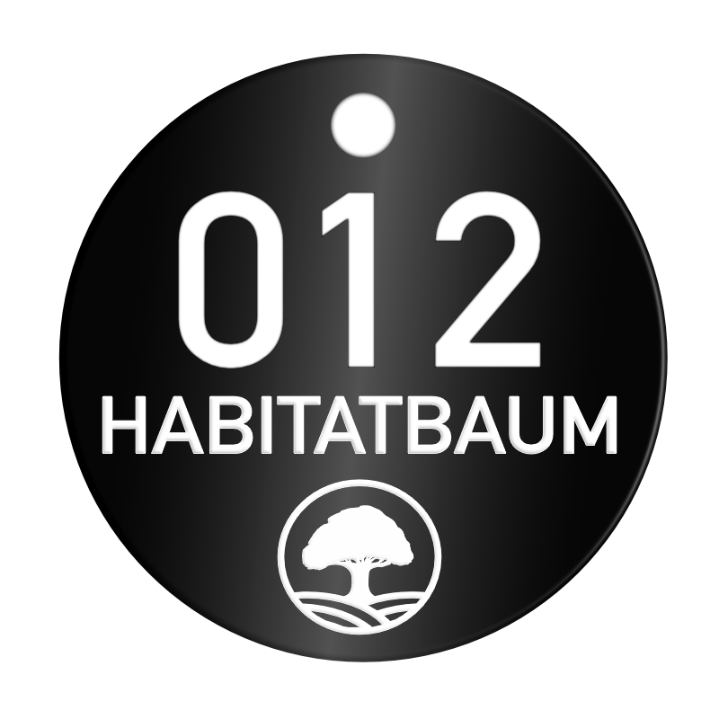 Habitatbaum, Baumplakette ø=50 mm, Nummer und Baum-Logo, Lasergravur, Aluminium Habitatbaum, Baumplakette ø=50 mm, Nummer und Baum-Logo, Lasergravur, Aluminium