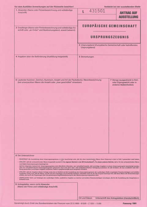 2269l___ebd001 Ursprungszeugnis, roter Vordruck