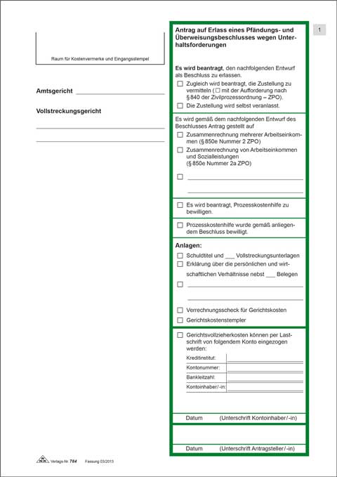Antrag auf Erlass eines Pfändungs- und Überweisungsbeschlusses zur Pfändung wegen Unterhaltsansprüchen Seite 1