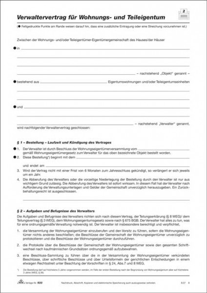 Verwaltervertrag für Wohnungs- und Teileigentum, 4 Seiten, gefalzt auf DIN A4 + 1 Seite Vollmachtsurkunde zur Beauftragung und Bevollmächtigung der WEG-Verwaltung