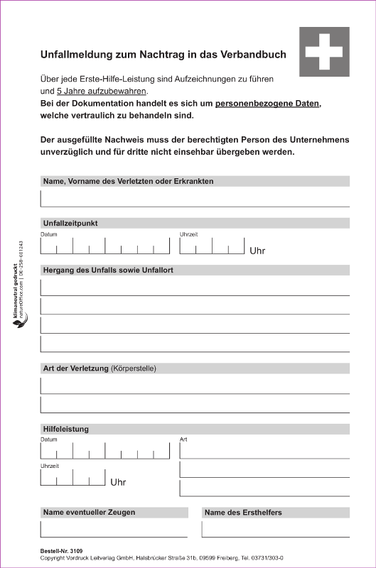 B-SAFETY Verbandbuch für die Aufzeichnung der Erste-Hilfe-Leistung