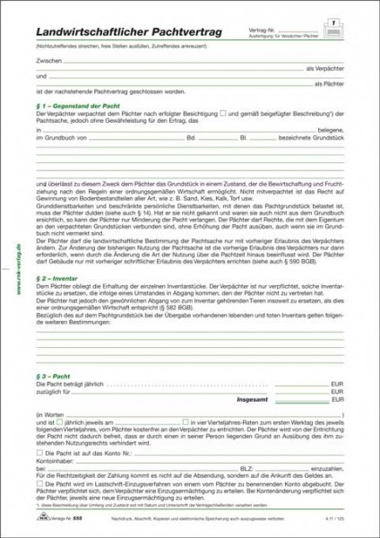 Landwirtschaftlicher Pachtvertrag, 4 Seiten, gefalzt auf DIN A4 zur Verpachtung landwirtschaftlicher Flächen