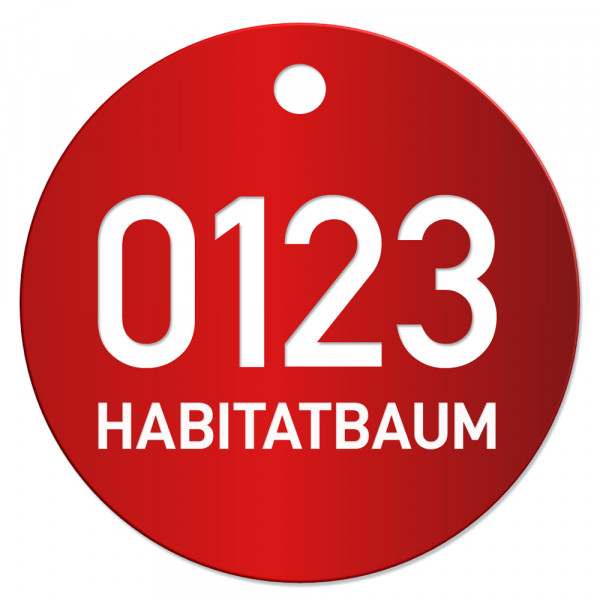 Habitatbaum Baumplakette, 50 mm, nummeriert, Aluminium, rot eloxiert, Stärke 1mm, Laserbeschriftung